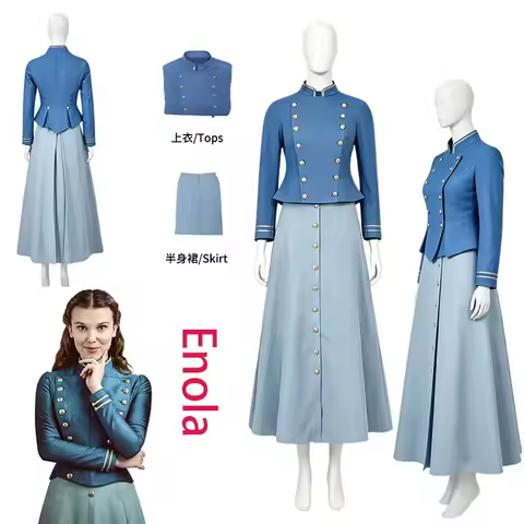 WHH Movie Enola Cosplay Costume Holmes Women Vintage Long Sleeve Military Jacket Skirt Outfit Blue D