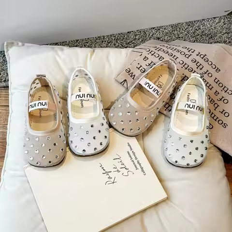 Summer Girl's Sandals Air Mesh Crystal Elastic Band Elegant Kids Flat Shoes Comfy Khkai Beige Round 