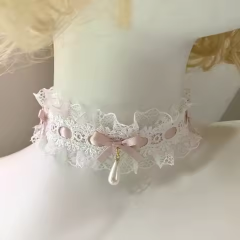 Jewelry Cloth Lolita Lace Bow Necklace Satin Ribbon Waterdrop Pendant Lace Necklace Bow Necklace Cos