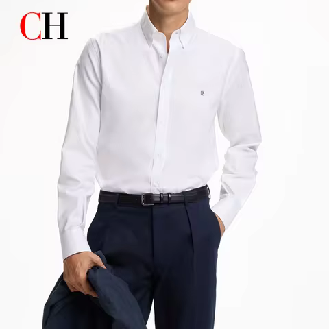 CH Men's Long Sleeve Dress Shirt Slim Fit Solid Color Business Casual Button-Down Shirt with Embroid