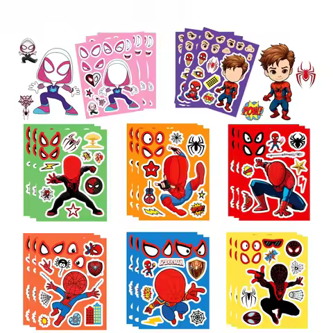 8Sheets Spiderman Cartoon Stickers Marvel Puzzle Make-a-Face Game Sticker DIY Children Assemble Jigs