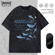 AGNU Vintage Washed Crew Neck Short Sleeve T-Shirt Wrinkle Breathable Cotton Tee Blue Dolphin Print 