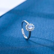 藍光玻璃體月亮石戒指 | 月光石925純銀精鍍亮澤白金戒指