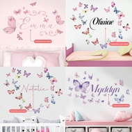 1PC 120x30CM / 47.2x11.8Inch Custom Butterfly Name Wall Sticker - Floral Design With Personalized Na