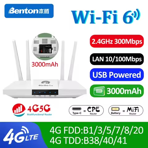 Benton Unlocked WiFi6 4G SIM Router 3000mAh USB Powered 4G Router Portable WiFi Mobile Travel Router