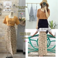 Yellow-brown square neck linen shirt + cream floral midi chiffon skirt KA1089 (clearance pass used 2