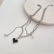 LESLIE - Necklace Kalung Rantai Titanium Silver Double Layer aesthetic Aksen Liontin Mosaic pixel bl