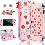 RHOTALL Strawberry Theme Carrying Case Set for Nintendo Switch OLED, Cute Accessories Bundle for Switch OLED with TPU Protective Shell, Adjustable Shoulder Strap, Screen Protector and 2 Thumb Caps