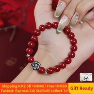 S999 Solid Silver Purple Gold Sand Lotus & Cinnabar Bracelet Gelang, Retro Protection Style, New Yea