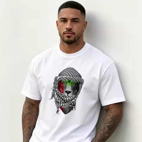 Palestine Lion Keffiyeh Graphic T Shirt Men Palestine Flag Color Lion Head Print Casual Solidarity A