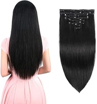 Real Clip in Hair Extensions Natural Black 8 Pieces - Premium Women Straight Double Weft Thick Remy