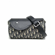 DIOR SaddleRoller印花馬鞍圓桶包墨藍色帆布銀扣肩背包