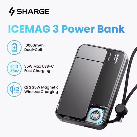 SHARGE Qi 2.2 25W Power Bank Wireless Fast Charge 10000mAh Type C Cable for MagSafe Portable Charger
