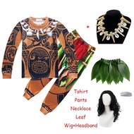 Moana Maui Costume Cosplay Costume For Kids Boy Hook กระโปรงใบไม้ เสื้อยืดเครื่องแต่งกายคอสเพลย์ชุด