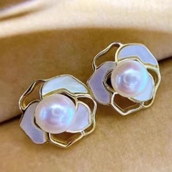 Dfdf Natural Freshwater Pearl Camelliafrench styleShell Inlaid Hollow Earrings Earrings Simple Tempe