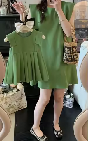 Family Matching Clothes Spring Summer Pleated Skirt Mother Daughter Sleeveless Dress Women Solid Pul