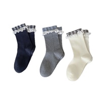 [OK Sports Life] Gray Blue Checkered Lace Socks Women's Mid-Tube Socks Retro Checkered Western Style
