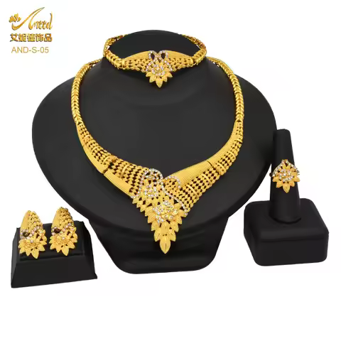 Flower Tassel Necklace Earrings Ring Bracelet Bride 4-Piece Set Women 24K Gold AU999 - Gold enhances