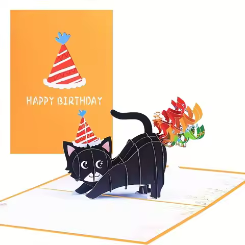 Funny Cat Farting Confetti 3D Pop Up Birthday Card, 7" x 5.1" - Includes Envelope and Note Label, Pe