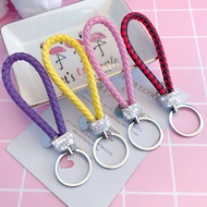 T Trendy Diamond Braided Leather Rope Keychain Female Creative PU Leather Rope Car Key Chain Bag Pen