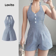 Lovito Casual Jumpsuit Button Front Lace Up Spring/summer Blue White Jumpsuit for Women LK4ED657 Lov