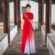 Summer Women Oriental Vietnam Aodai Cheongsam Retro Folk Style Flower Embroidery Stage Performance D