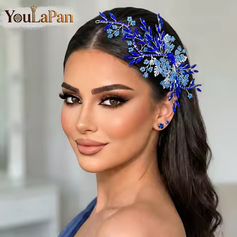 YouLaPan Fashion Bride Flower Headbands Blue Color Women Banquet Wedding Headpieces Handmade Party H