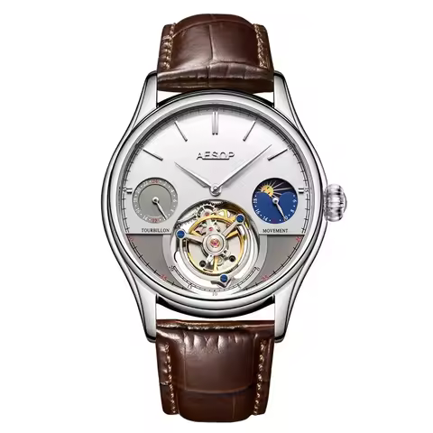 Aesop 7023 Manual Tourbillon Movement Stainless Steel Leather Sapphire Fashion Multi functional Dial