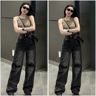 BLee Black washed straight jeans with ripped knees soft jeans B9933 length 103cm size (S-2XL)