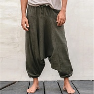 Linen Casual Trousers Men's Japanese Wide-leg Pants Summer Cotton Linen Loose Bloomers Large Size Indian Meditation Pocket Pants