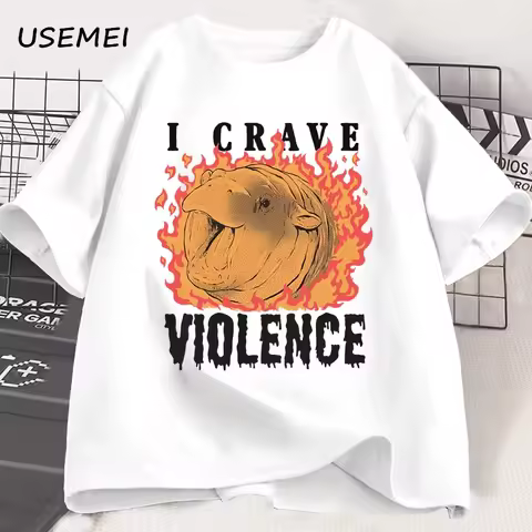 Moo Deng Crave Violence Tshirt Men Vintage 90s T-Shirt Retro Hippo Meme Tee Shirt Cute Fire Funny Ma