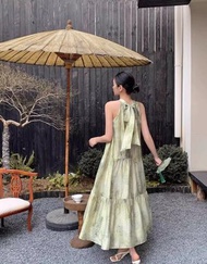 新中式國風掛脖連身裙 綠色無袖茶歇裙 夏季寬鬆長裙 女裝- 綠色 S