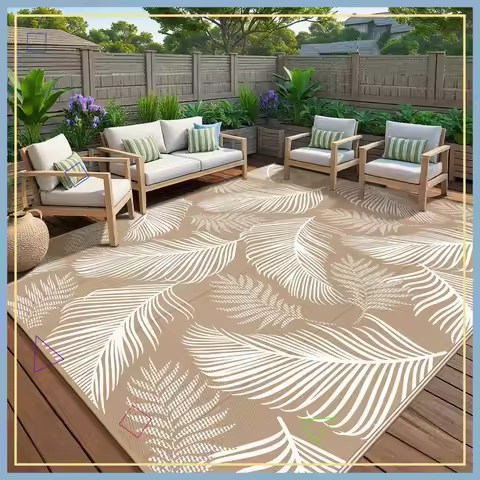 Waterproof Outdoor Rug 9x12, Reversible Plastic Straw Patio Mat for Deck, Camper, Porch, Balcony, Ba