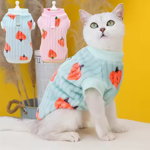 Strawberry Print Cat Puppy Sweater Autumn Winter Pet Clothing Plush Pullover with Pull-tab Low Price