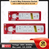 3 and 4 Way Extension Socket with 3 USB Ports (2A & 1C) 2.4A