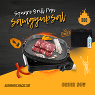 COMPLETE SET Korean Grill basic set Korean BBQ Barbeque hanaro grill pan Butane gas stove Heavy duty free stove case and butane sangyupsal set samyeopsal set samgy square grill pan with oil drainage