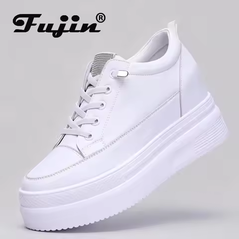 Fujin Women Shoes Chunky Sneakers Air Mesh Hollow Out Genuine Leather White Wedge Shoes Platform Hee