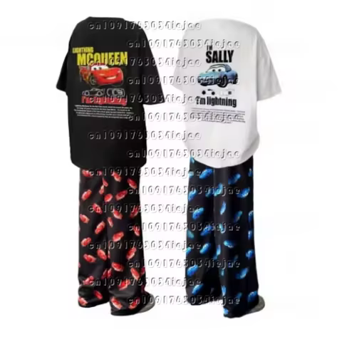 2026 McQueen & Sally Oversized Summer Pajama Set Cotton T-Shirt + Pants for Couples/Family Adults &