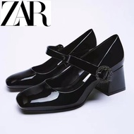 Zara Women's Shoes Black Round Buckle Rhinestone Mary Jane Shoes White Ladies Thick Heel High Heels 7CM