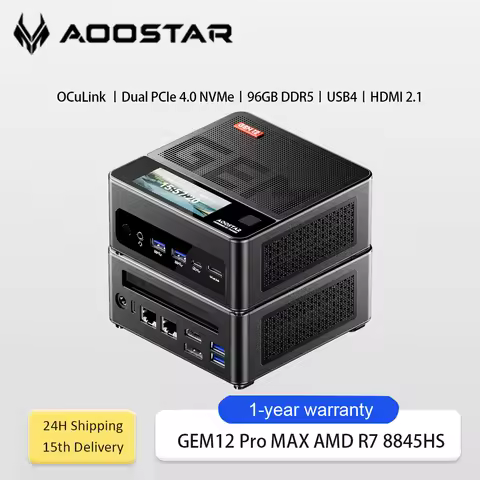AOOSTAR GEM12 Mini PC Ryzen 7 PRO 8845HS 8C/16T Radeon 780M Dual NVMe OCuLink 70W USB4 for Desktop G