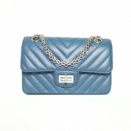CHANEL 2.55口蓋包迷你20藍色牛皮晶片開銀扣V紋肩背包