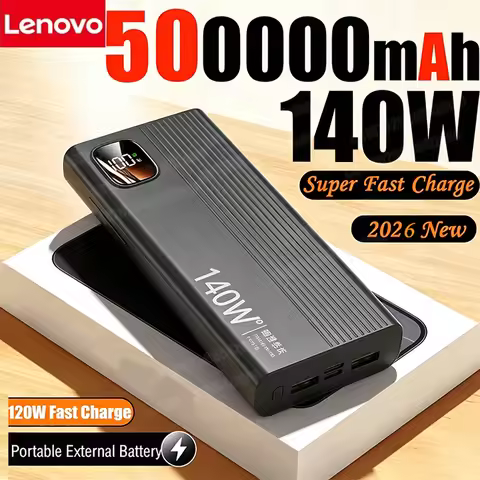 Lenovo 500000mAh 140W PowerBank Super Fast Charge Portable Powerbank External Battery Charger LED Di
