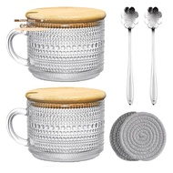 Vintage Coffee Glass Mugs Set of 2, Glass Coffee Tea Cups with Bamboo Lids, Coaster and Spoons,15Oz 