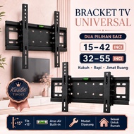 Bracket TV Dinding 15-42/32-55 Inci Universal, Wall Mount Hitam Kuat 40kg, Keluli Kukuh Mudah Pasang