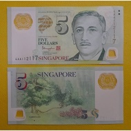 Singapore 5 dollar  Polymer (UNC) 1pcs Banknote  random number (Buy 2 or more for running numbers)