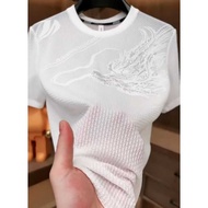 Silk 100% Short-Sleeved T-Shirt Men Breathable Handsome Mesh Top Jacquard Business Casual Round Neck