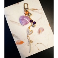 ROSYGRACE Handcrafted Bag Charm with heart shape Lepidolite, Amethyst and Dalmatian Jasper
