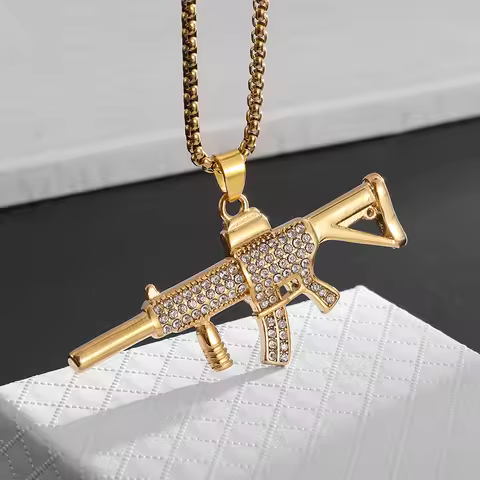 Fashion Hip Hop Ice Out Hk416 Assault Rifle Zircon Pendant Necklace Men Punk Cool Party Jewelry Gift