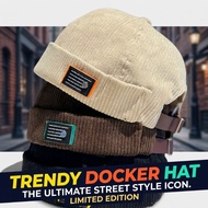 Unisex Corduroy Docker Hat Label Patch Brimless Melon Cap Retro Streetwear Adjustable Topi Docker Le