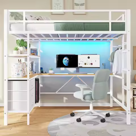 BestsellerBestsellerFull Size Loft Bed with L-Shaped Desk, LED Lights and Charging Station Full Meta